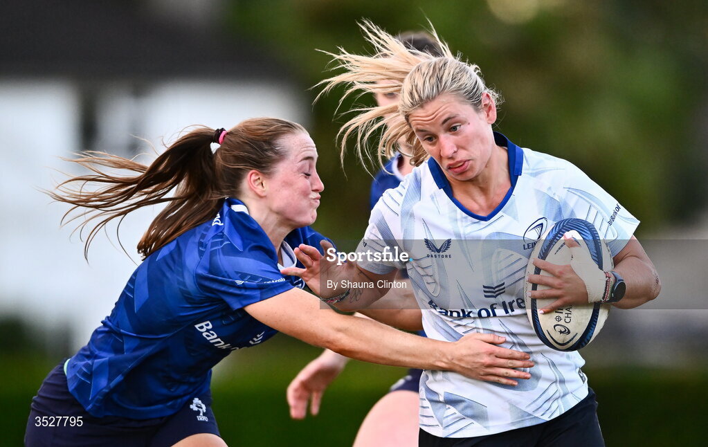 30 July 2026; Kathy Baker, right, and Amy Larn during an Leinster rugby women open training session at Kings Hospital School in Dublin. Photo by Shauna Clinton/Sportsfile