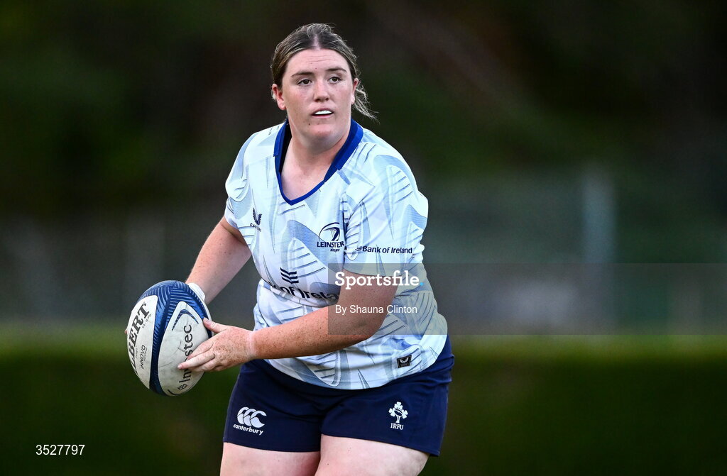 30 July 2026; Hannah Wilson during an Leinster rugby women open training session at Kings Hospital School in Dublin. Photo by Shauna Clinton/Sportsfile