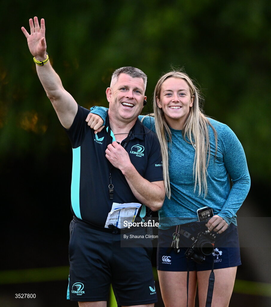 30 July 2026; Attack and defence coach Paul Rossiter, left, and Stacey Flood during an Leinster rugby women open training session at Kings Hospital School in Dublin. Photo by Shauna Clinton/Sportsfile