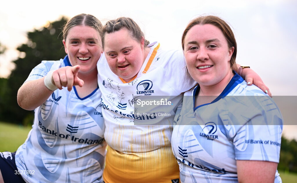 30 July 2026; Supporter Jenny Malone, centre, with Hannah, left, and Emma-Jane Wilson after an Leinster rugby women open training session at Kings Hospital School in Dublin. Photo by Shauna Clinton/Sportsfile