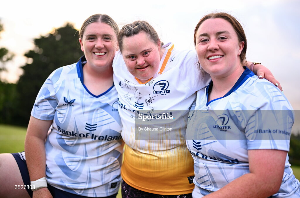 30 July 2026; Supporter Jenny Malone, centre, with Hannah, left, and Emma-Jane Wilson after an Leinster rugby women open training session at Kings Hospital School in Dublin. Photo by Shauna Clinton/Sportsfile