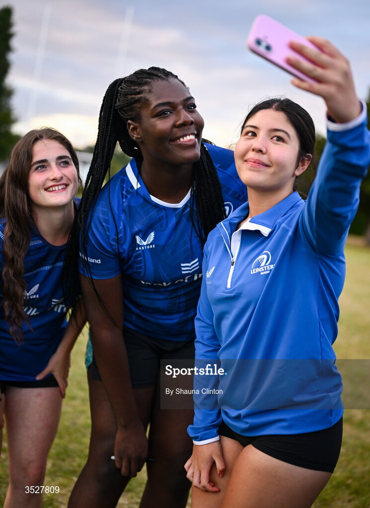 30 July 2026; Alma Atagamen with supporters after an Leinster rugby women open training session at Kings Hospital School in Dublin. Photo by Shauna Clinton/Sportsfile