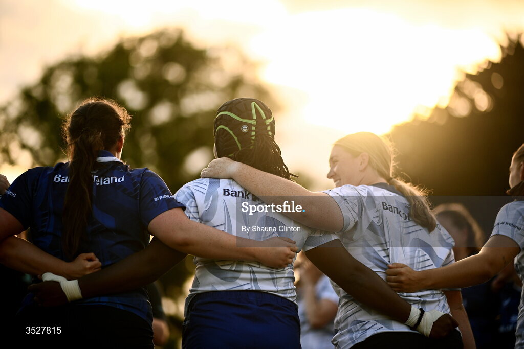 30 July 2026; Players huddle during an Leinster rugby women open training session at Kings Hospital School in Dublin. Photo by Shauna Clinton/Sportsfile