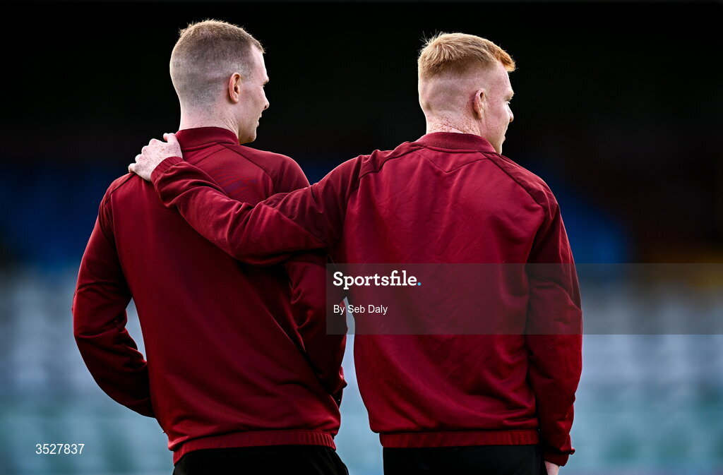 31 July 2026; Drogheda United players Mark Doyle, left, and Shane Farrell before the SSE Airtricity Men’s Premier Division match between Drogheda United and Shamrock Rovers at Sullivan & Lambe Park in Drogheda, Louth. Photo by Seb Daly/Sportsfile