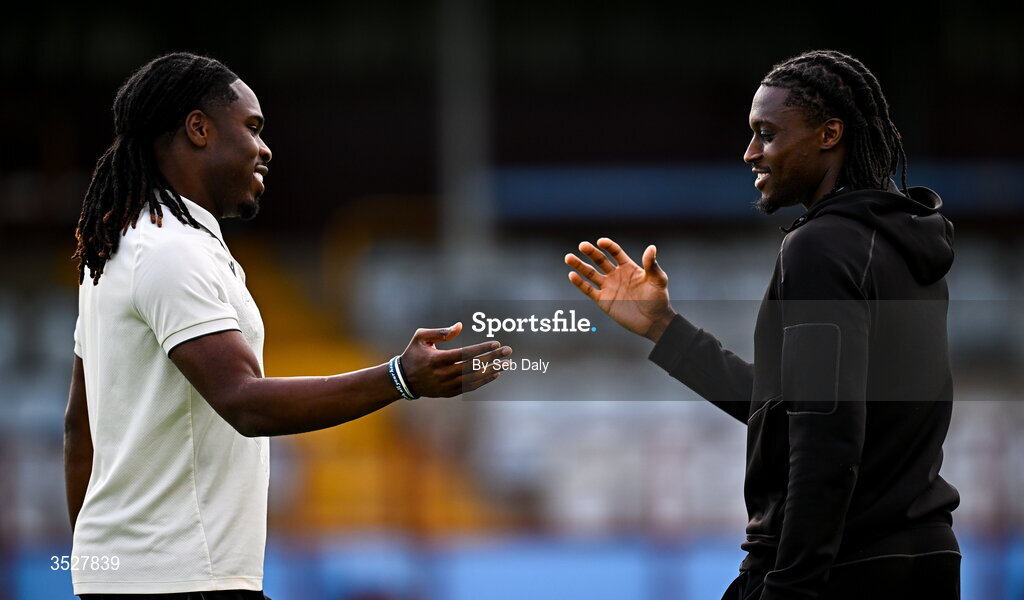 31 July 2026; Thomas Oluwa of Drogheda United, left, and Tunmise Sobowale of Shamrock Rovers before the SSE Airtricity Men’s Premier Division match between Drogheda United and Shamrock Rovers at Sullivan & Lambe Park in Drogheda, Louth. Photo by Seb Daly/Sportsfile