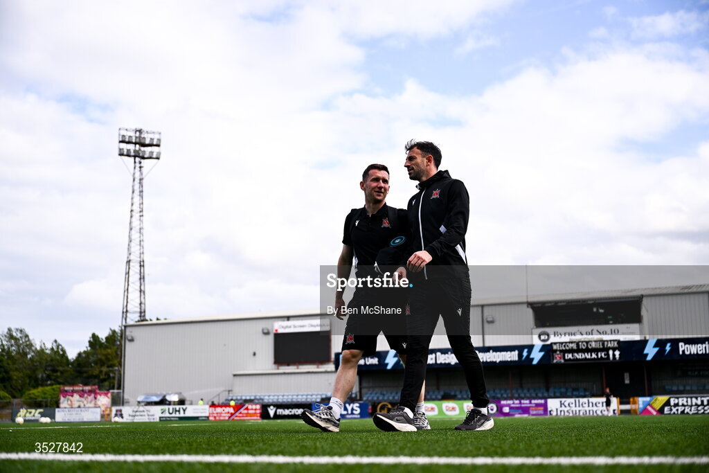 31 July 2026; Dundalk players Bobby Burns, left, and Conor O'Keeffe arrive the SSE Airtricity Premier Division match between Dundalk and Sligo Rovers at Oriel Park in Dundalk, Louth. Photo by Ben McShane/Sportsfile