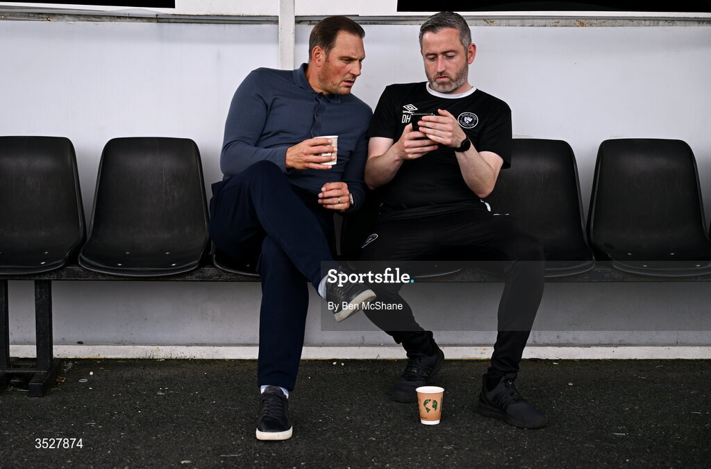 31 July 2026; Sligo Rovers manager Darren Purse, left, and Sligo Rovers kitman Darragh Healy before the SSE Airtricity Premier Division match between Dundalk and Sligo Rovers at Oriel Park in Dundalk, Louth. Photo by Ben McShane/Sportsfile