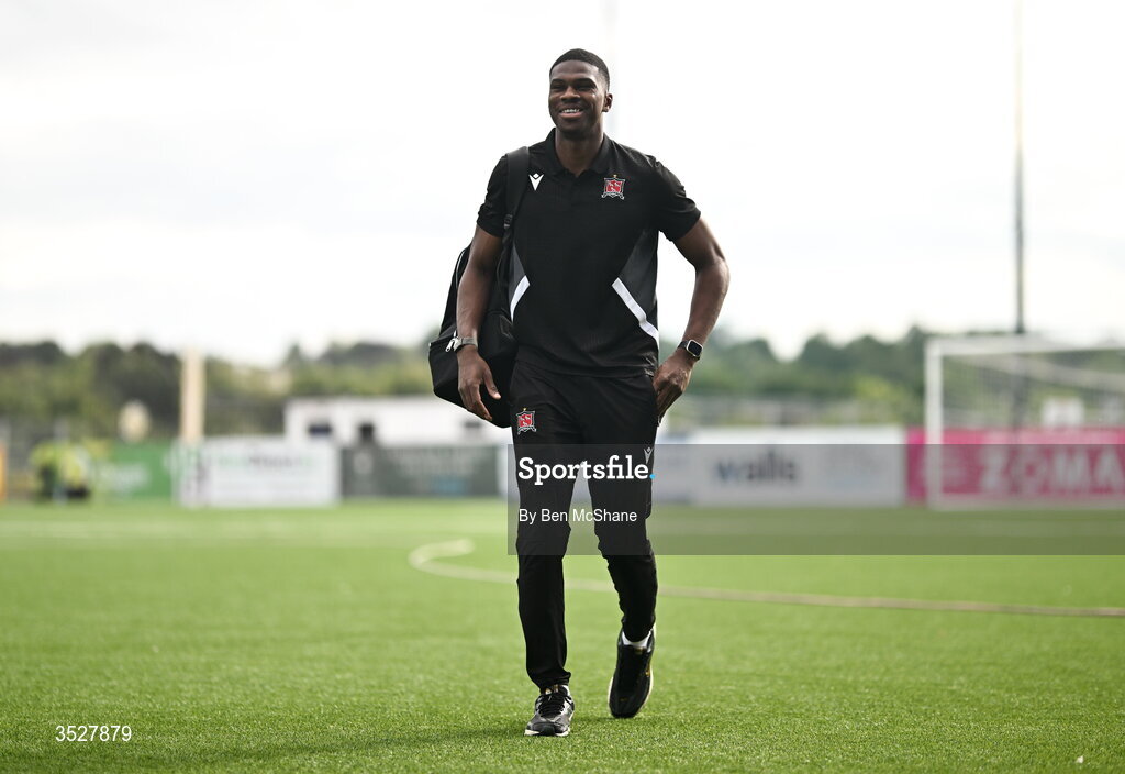 31 July 2026; Mayowa Animasahun of Dundalk arrives for the SSE Airtricity Premier Division match between Dundalk and Sligo Rovers at Oriel Park in Dundalk, Louth. Photo by Ben McShane/Sportsfile