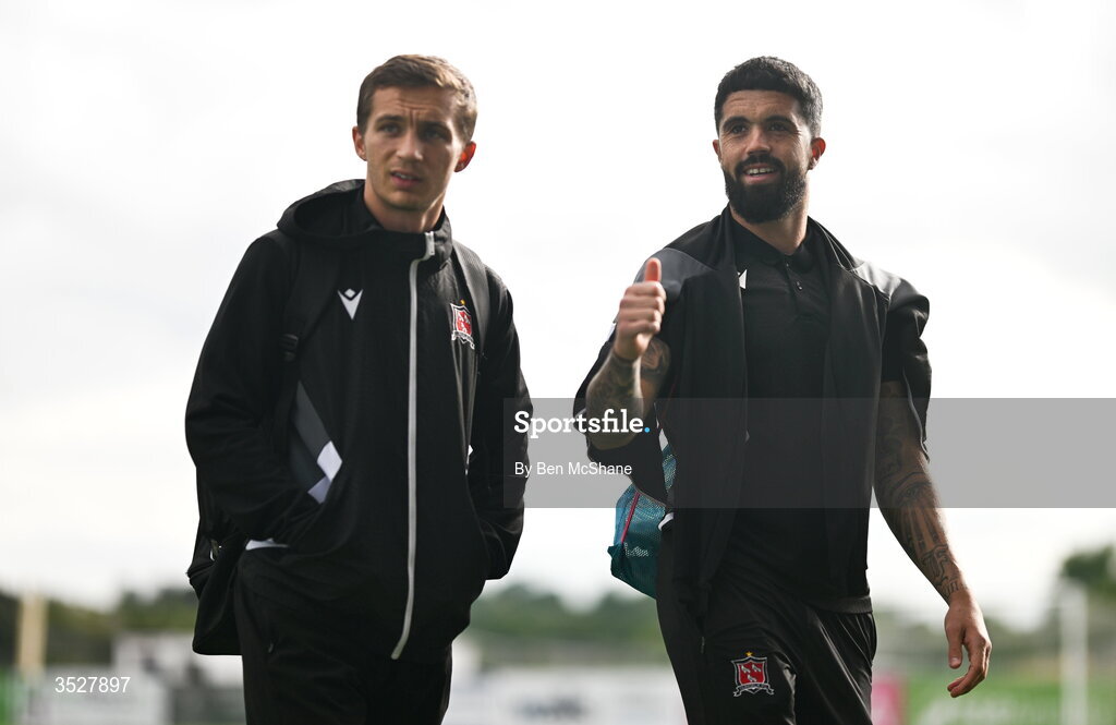 31 July 2026; Dundalk players Declan McDaid, right, and Tyreke Wilson before the SSE Airtricity Premier Division match between Dundalk and Sligo Rovers at Oriel Park in Dundalk, Louth. Photo by Ben McShane/Sportsfile