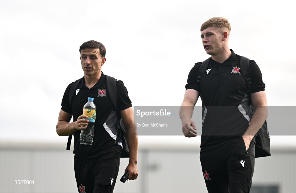 31 July 2026; Dundalk players Keith Buckely, left, Cian Dillon before the SSE Airtricity Premier Division match between Dundalk and Sligo Rovers at Oriel Park in Dundalk, Louth. Photo by Ben McShane/Sportsfile