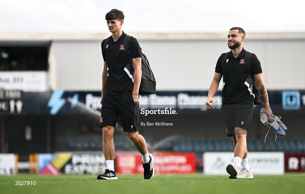 31 July 2026; Dundalk players Egor Vassenin, left, and Leo Gaxha arrive for the SSE Airtricity Premier Division match between Dundalk and Sligo Rovers at Oriel Park in Dundalk, Louth. Photo by Ben McShane/Sportsfile