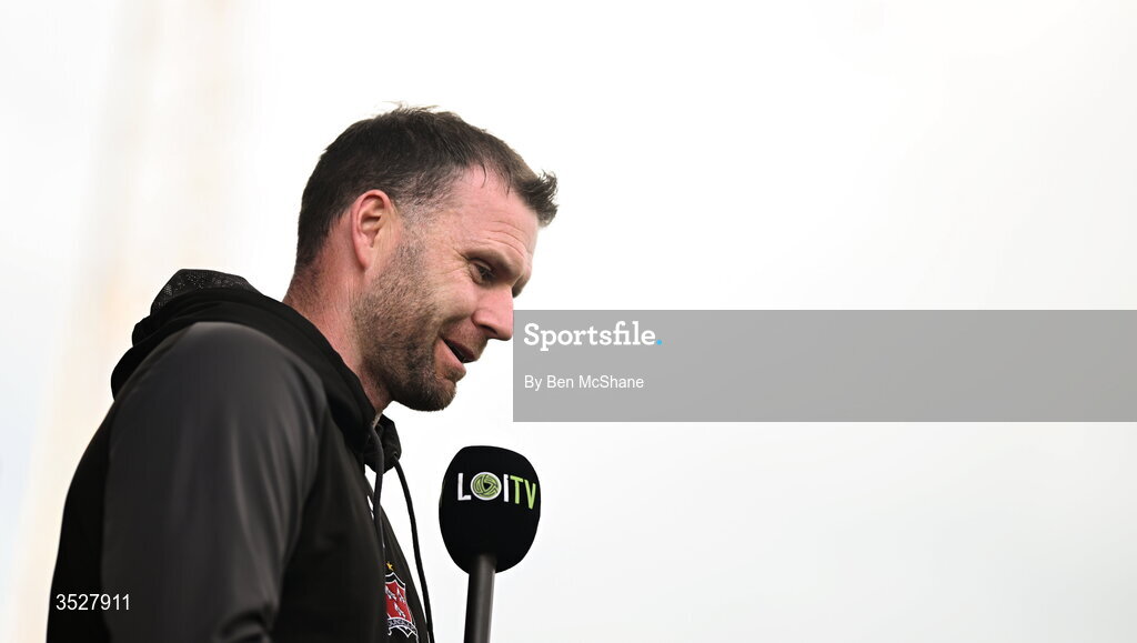 31 July 2026; Dundalk manager Ciarán Kilduff is interviewed by LOITV before the SSE Airtricity Premier Division match between Dundalk and Sligo Rovers at Oriel Park in Dundalk, Louth. Photo by Ben McShane/Sportsfile