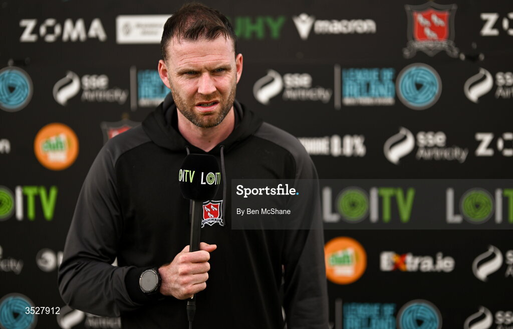 31 July 2026; Dundalk manager Ciarán Kilduff is interviewed by LOITV before the SSE Airtricity Premier Division match between Dundalk and Sligo Rovers at Oriel Park in Dundalk, Louth. Photo by Ben McShane/Sportsfile
