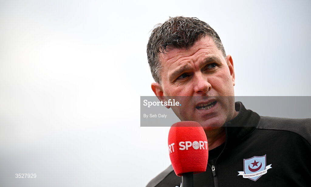 31 July 2026; Drogheda United manager Kevin Doherty is interviewed before the SSE Airtricity Men’s Premier Division match between Drogheda United and Shamrock Rovers at Sullivan & Lambe Park in Drogheda, Louth. Photo by Seb Daly/Sportsfile