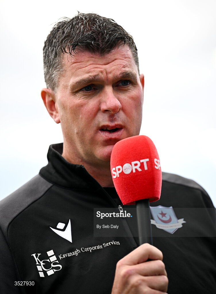 31 July 2026; Drogheda United manager Kevin Doherty is interviewed before the SSE Airtricity Men’s Premier Division match between Drogheda United and Shamrock Rovers at Sullivan & Lambe Park in Drogheda, Louth. Photo by Seb Daly/Sportsfile