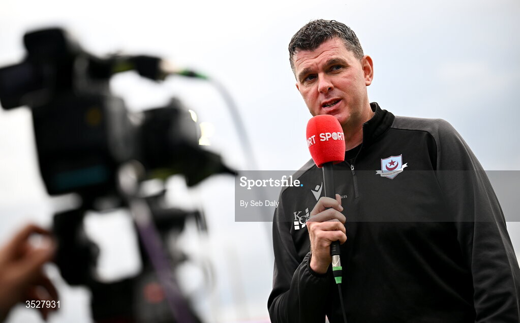 31 July 2026; Drogheda United manager Kevin Doherty is interviewed before the SSE Airtricity Men’s Premier Division match between Drogheda United and Shamrock Rovers at Sullivan & Lambe Park in Drogheda, Louth. Photo by Seb Daly/Sportsfile