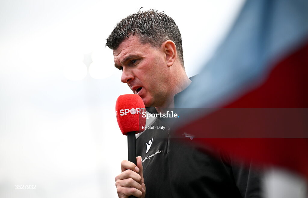 31 July 2026; Drogheda United manager Kevin Doherty is interviewed before the SSE Airtricity Men’s Premier Division match between Drogheda United and Shamrock Rovers at Sullivan & Lambe Park in Drogheda, Louth. Photo by Seb Daly/Sportsfile