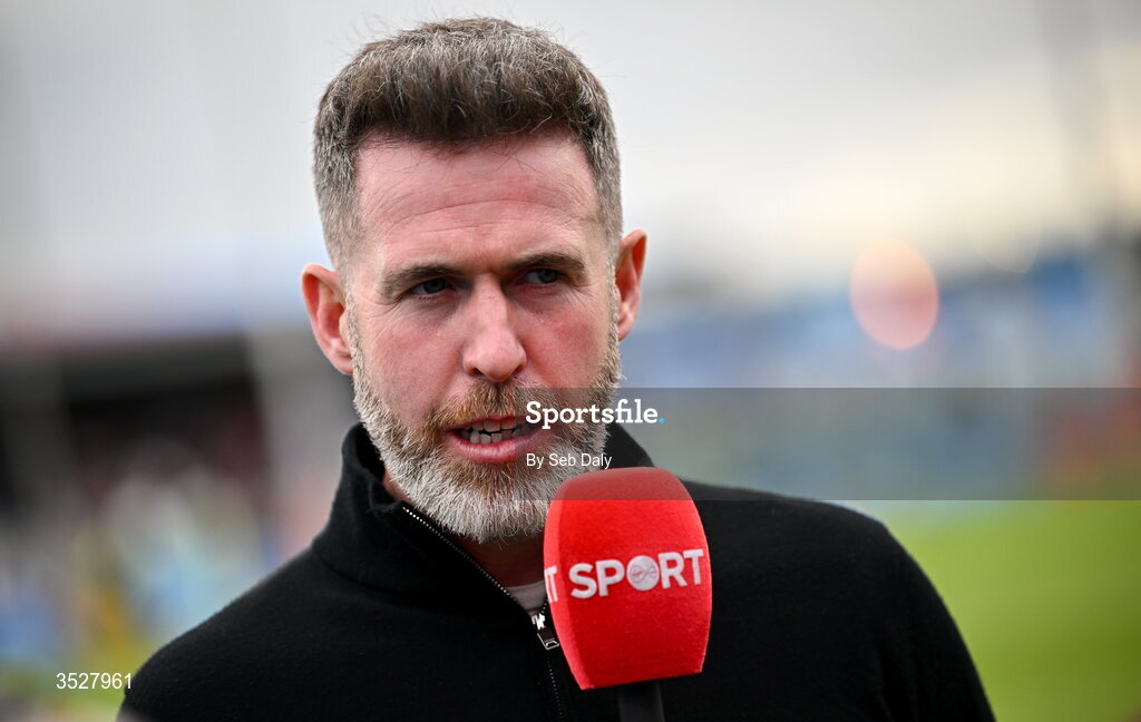 31 July 2026; Shamrock Rovers manager Stephen Bradley is interviewed before the SSE Airtricity Men’s Premier Division match between Drogheda United and Shamrock Rovers at Sullivan & Lambe Park in Drogheda, Louth. Photo by Seb Daly/Sportsfile