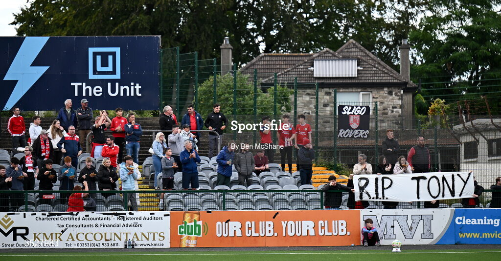 31 July 2026; Sligo Rovers supporters with a banner in memory of Tony Purse who died recently, father of Sligo Rovers manager Darren Purse, during the SSE Airtricity Premier Division match between Dundalk and Sligo Rovers at Oriel Park in Dundalk, Louth. Photo by Ben McShane/Sportsfile