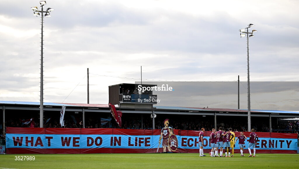 31 July 2026; Drogheda United supporters display a banner before the SSE Airtricity Men’s Premier Division match between Drogheda United and Shamrock Rovers at Sullivan & Lambe Park in Drogheda, Louth. Photo by Seb Daly/Sportsfile