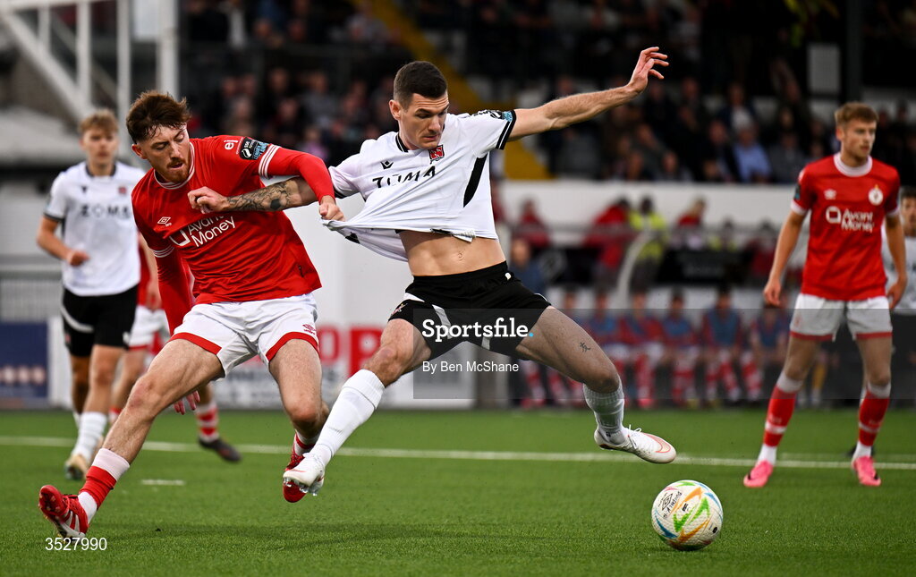31 July 2026; Trevor Clarke of Dundalk in action against Sean Stewart of Sligo Rovers during the SSE Airtricity Premier Division match between Dundalk and Sligo Rovers at Oriel Park in Dundalk, Louth. Photo by Ben McShane/Sportsfile