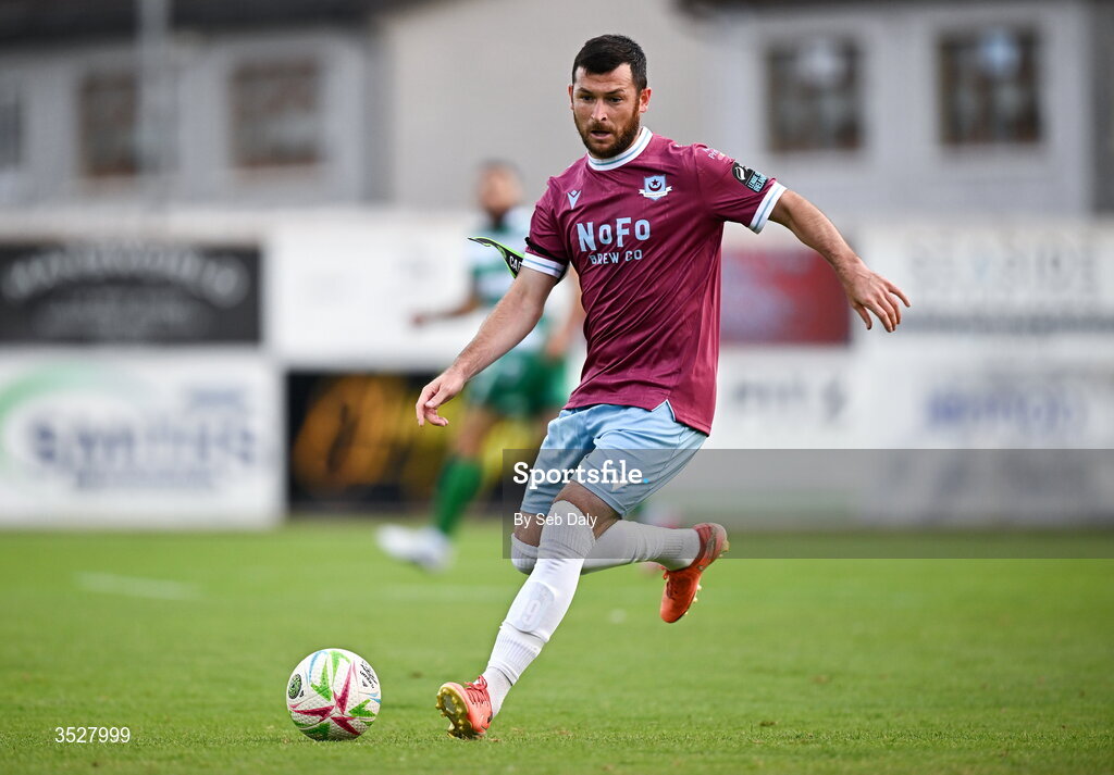 31 July 2026; Ryan Brennan of Drogheda United during the SSE Airtricity Men’s Premier Division match between Drogheda United and Shamrock Rovers at Sullivan & Lambe Park in Drogheda, Louth. Photo by Seb Daly/Sportsfile