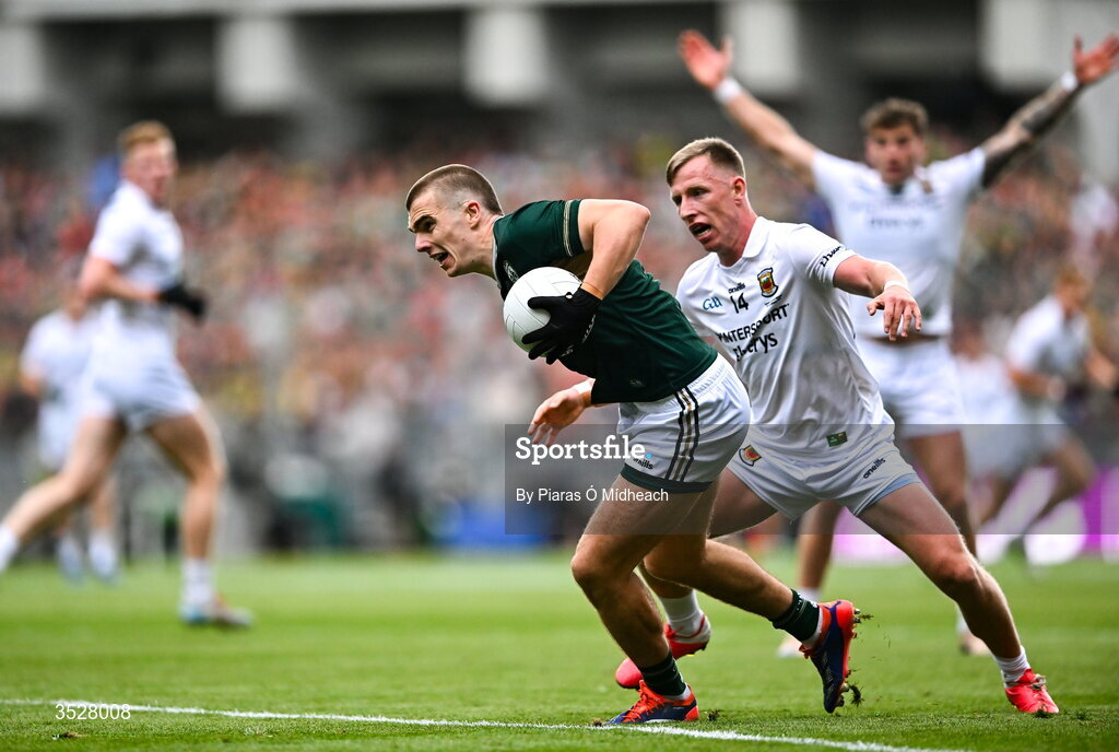 26 July 2026; Dylan Casey of Kerry is tackled by Ryan O'Donoghue of Mayo during the GAA Football All-Ireland Senior Championship final match between Kerry and Mayo at Croke Park in Dublin. Photo by Piaras Ó Mídheach/Sportsfile