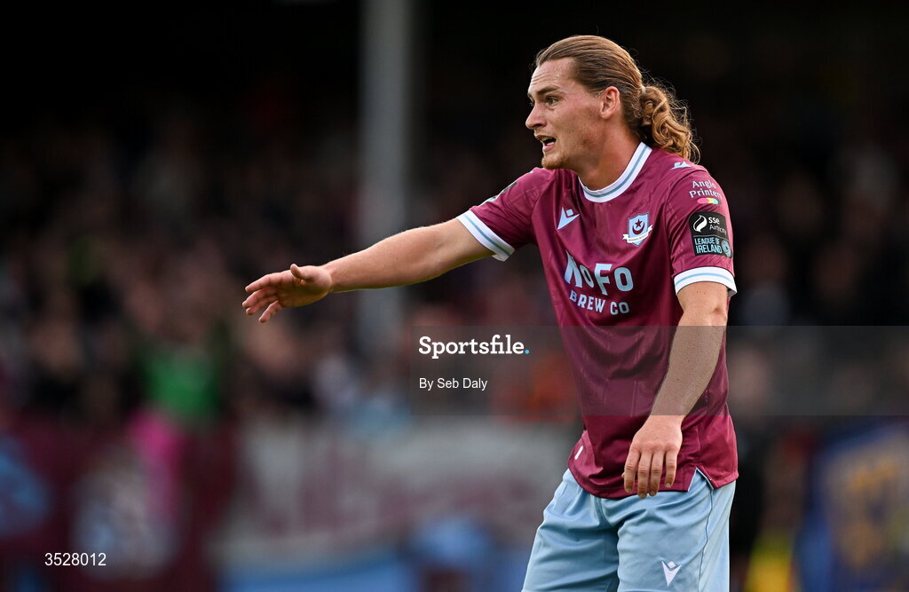 31 July 2026; Alfie Bates of Drogheda United during the SSE Airtricity Men’s Premier Division match between Drogheda United and Shamrock Rovers at Sullivan & Lambe Park in Drogheda, Louth. Photo by Seb Daly/Sportsfile