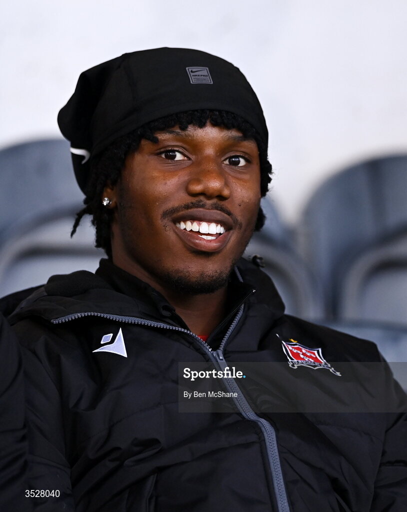 31 July 2026; Former Dundalk and current Burton Albion player Gbemi Arubi during the SSE Airtricity Premier Division match between Dundalk and Sligo Rovers at Oriel Park in Dundalk, Louth. Photo by Ben McShane/Sportsfile