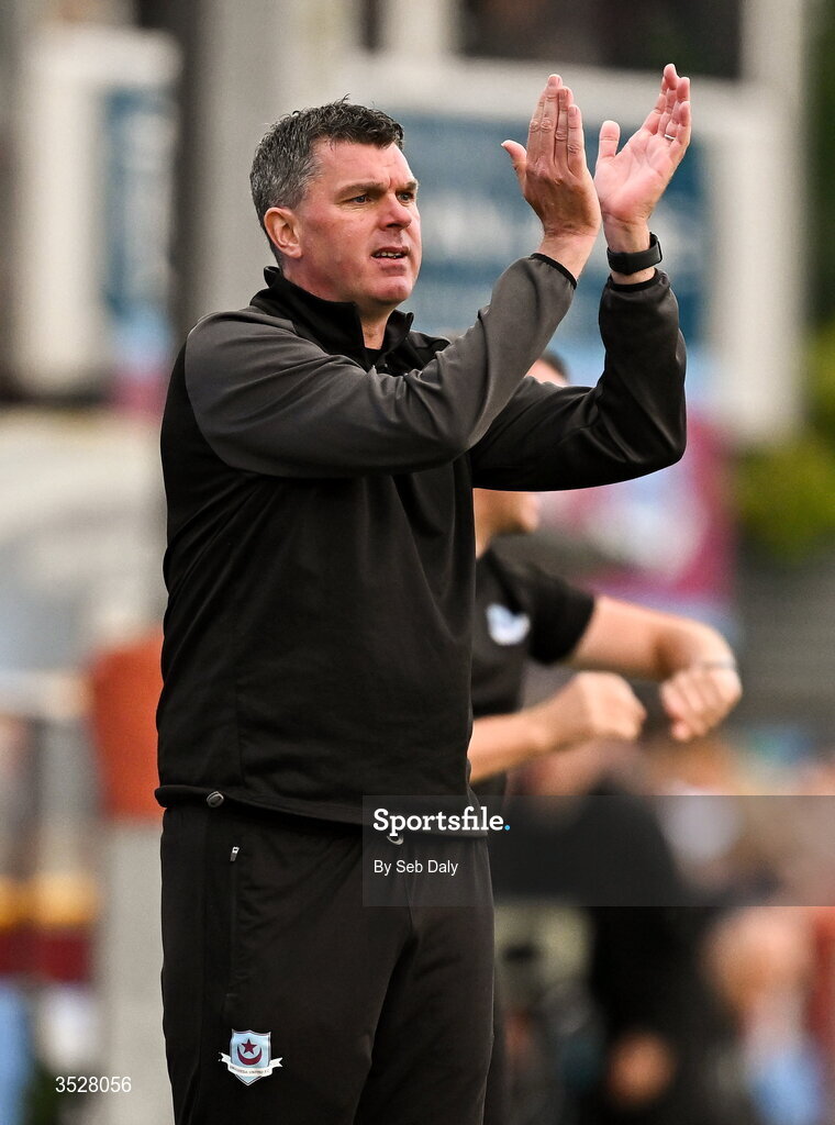 31 July 2026; Drogheda United manager Kevin Doherty during the SSE Airtricity Men’s Premier Division match between Drogheda United and Shamrock Rovers at Sullivan & Lambe Park in Drogheda, Louth. Photo by Seb Daly/Sportsfile