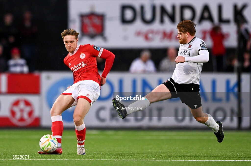 31 July 2026; Daire Patton of Sligo Rovers in action against Aodh Dervin of Dundalk during the SSE Airtricity Premier Division match between Dundalk and Sligo Rovers at Oriel Park in Dundalk, Louth. Photo by Ben McShane/Sportsfile
