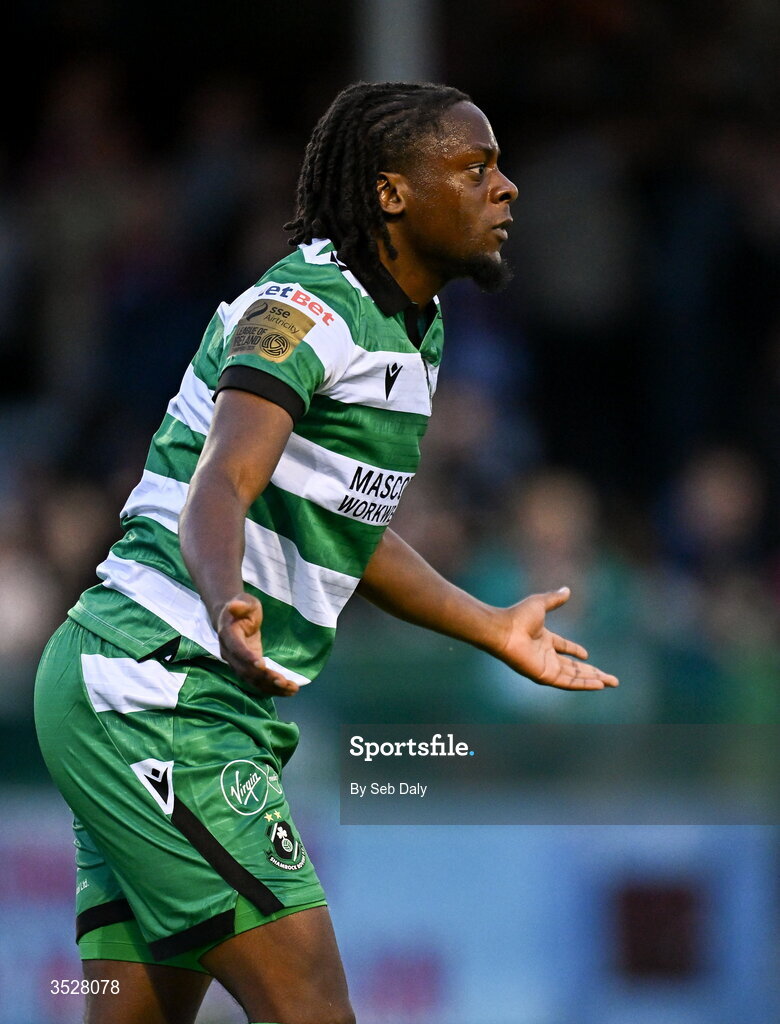 31 July 2026; Jonathan Afolabi of Shamrock Rovers reacts during the SSE Airtricity Men’s Premier Division match between Drogheda United and Shamrock Rovers at Sullivan & Lambe Park in Drogheda, Louth. Photo by Seb Daly/Sportsfile