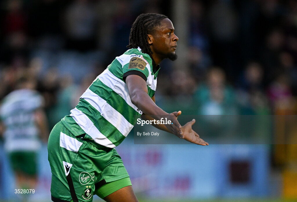 31 July 2026; Jonathan Afolabi of Shamrock Rovers reacts during the SSE Airtricity Men’s Premier Division match between Drogheda United and Shamrock Rovers at Sullivan & Lambe Park in Drogheda, Louth. Photo by Seb Daly/Sportsfile