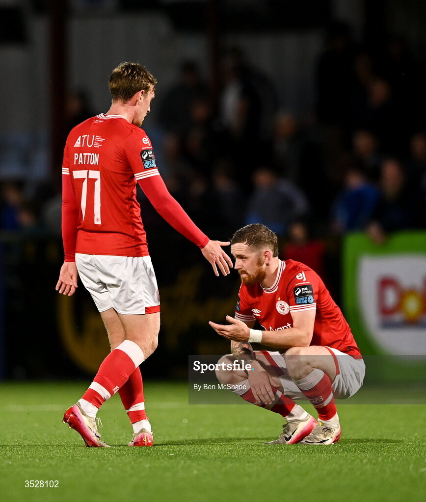 31 July 2026; Sligo Rovers players Jamie McGonigle, right, and Daire Patton after the SSE Airtricity Premier Division match between Dundalk and Sligo Rovers at Oriel Park in Dundalk, Louth. Photo by Ben McShane/Sportsfile