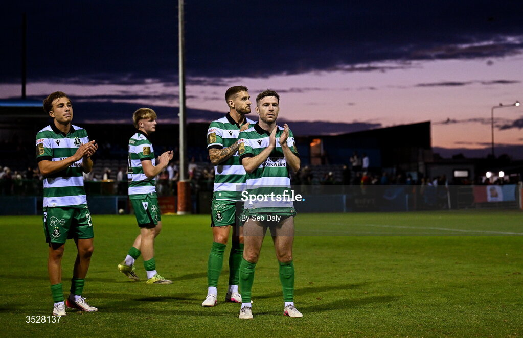 31 July 2026; Jack Byrne of Shamrock Rovers, right, and teammates after the SSE Airtricity Men’s Premier Division match between Drogheda United and Shamrock Rovers at Sullivan & Lambe Park in Drogheda, Louth. Photo by Seb Daly/Sportsfile