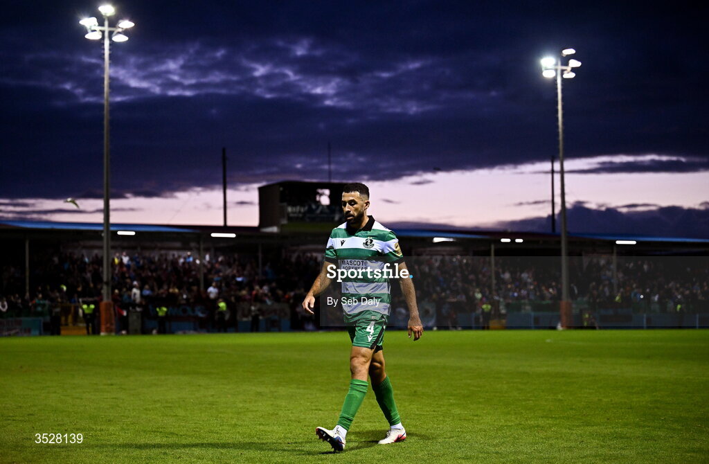 31 July 2026; Roberto Lopes of Shamrock Rovers leaves the pitch after being shown a red card during the SSE Airtricity Men’s Premier Division match between Drogheda United and Shamrock Rovers at Sullivan & Lambe Park in Drogheda, Louth. Photo by Seb Daly/Sportsfile