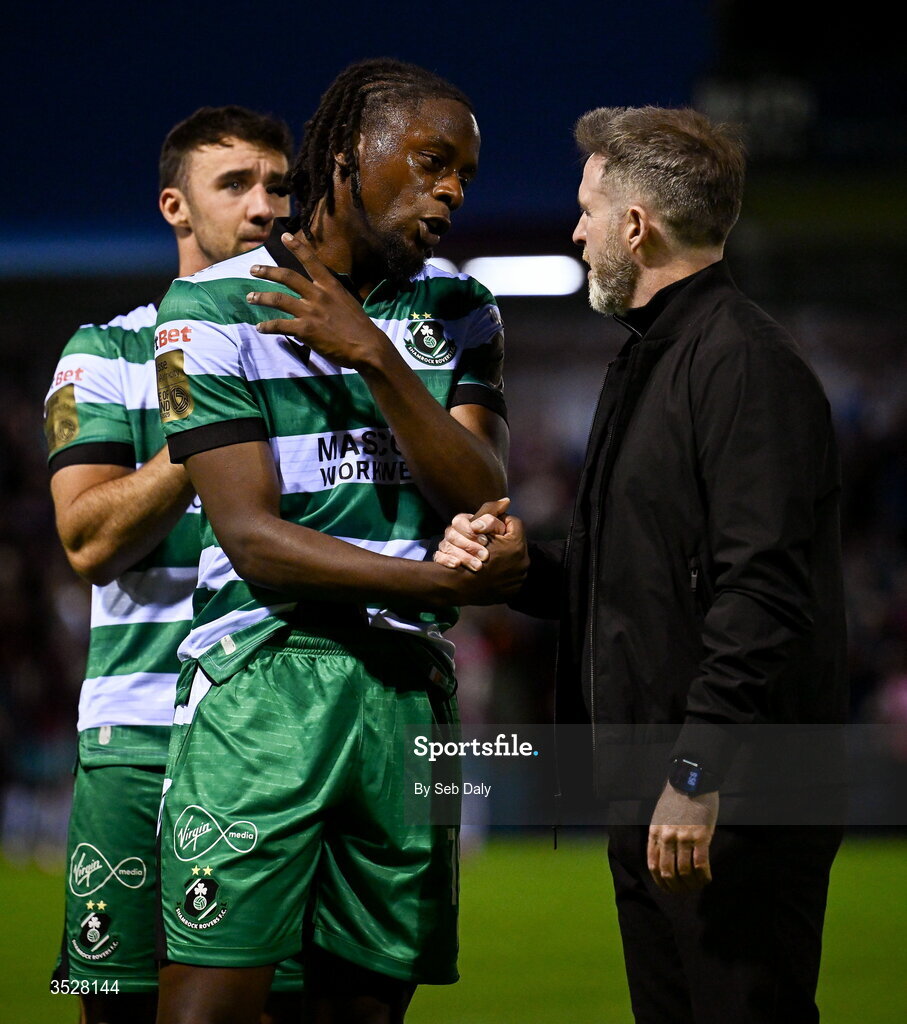 31 July 2026; Shamrock Rovers manager Stephen Bradley and Jonathan Afolabi after the SSE Airtricity Men’s Premier Division match between Drogheda United and Shamrock Rovers at Sullivan & Lambe Park in Drogheda, Louth. Photo by Seb Daly/Sportsfile