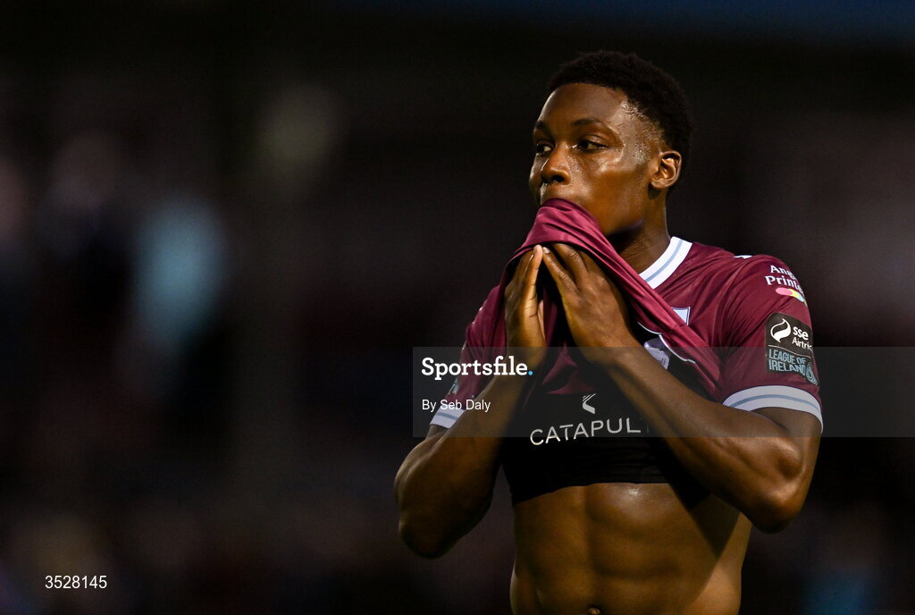 31 July 2026; Edwin Agbaje of Drogheda United after the SSE Airtricity Men’s Premier Division match between Drogheda United and Shamrock Rovers at Sullivan & Lambe Park in Drogheda, Louth. Photo by Seb Daly/Sportsfile