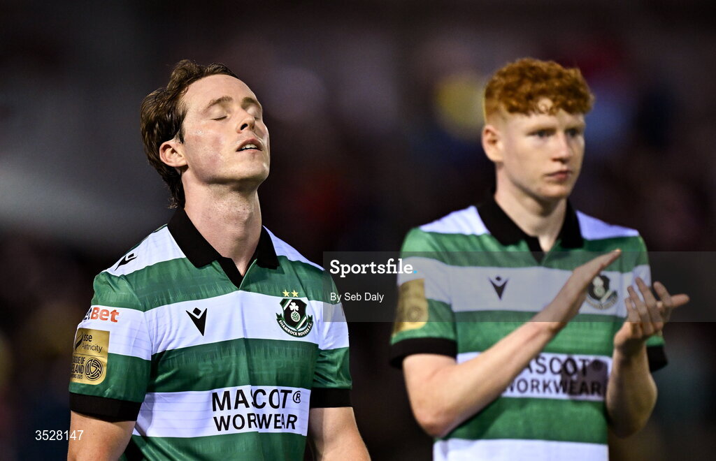 31 July 2026; Will Fitzgerald of Shamrock Rovers, left, after the SSE Airtricity Men’s Premier Division match between Drogheda United and Shamrock Rovers at Sullivan & Lambe Park in Drogheda, Louth. Photo by Seb Daly/Sportsfile