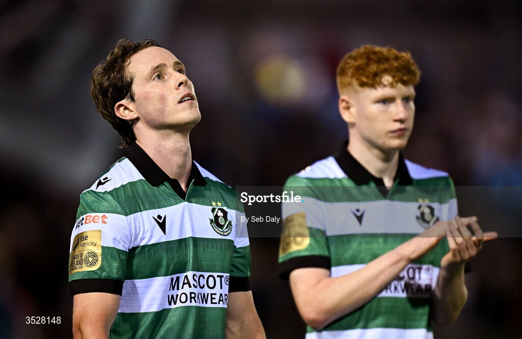 31 July 2026; Will Fitzgerald of Shamrock Rovers, left, after the SSE Airtricity Men’s Premier Division match between Drogheda United and Shamrock Rovers at Sullivan & Lambe Park in Drogheda, Louth. Photo by Seb Daly/Sportsfile