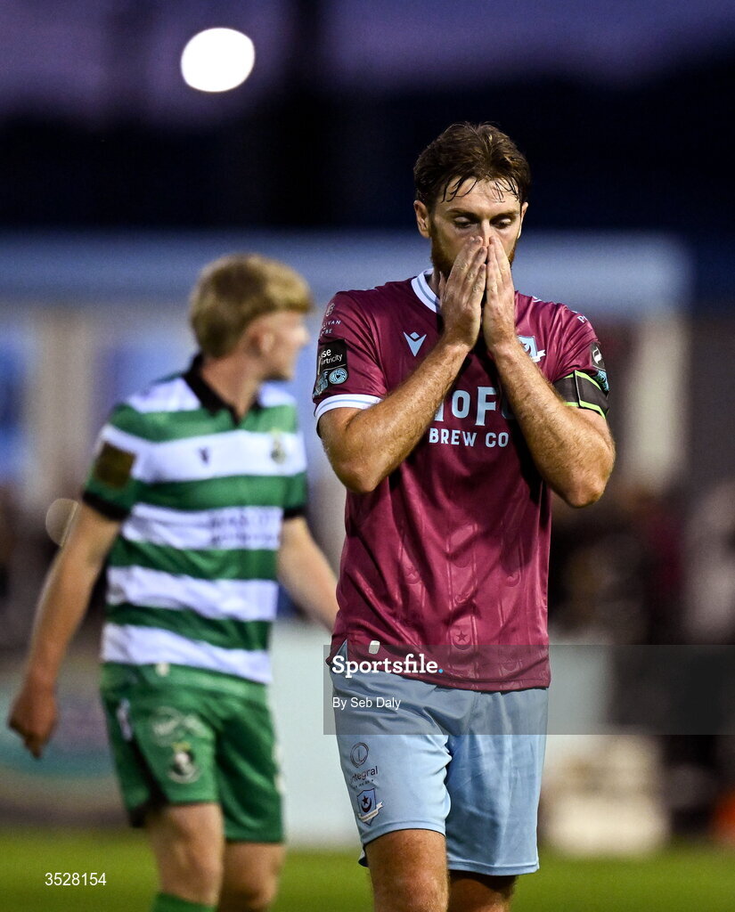 31 July 2026; Conor Keeley of Drogheda United reacts during the SSE Airtricity Men’s Premier Division match between Drogheda United and Shamrock Rovers at Sullivan & Lambe Park in Drogheda, Louth. Photo by Seb Daly/Sportsfile