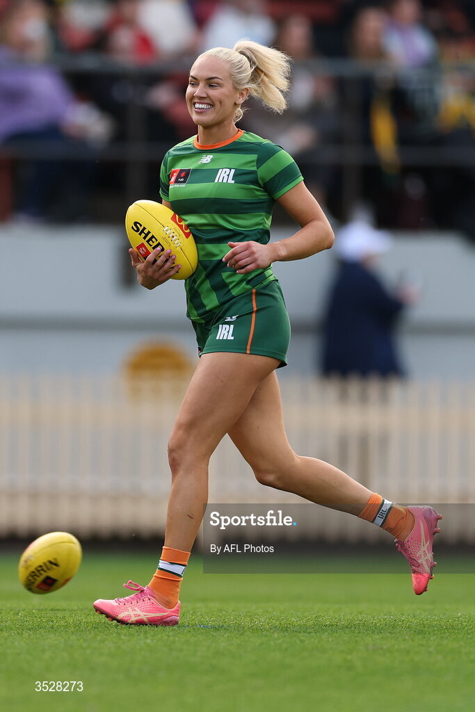 1 August 2026; Orla O'Dwyer of Ireland during the warm-up before the AFLW test match between Australia and Ireland at the North Sydney Oval in Sydney, Australia. Photo by Darrian Traynor/Getty Images/AFL Photos via Sportsfile