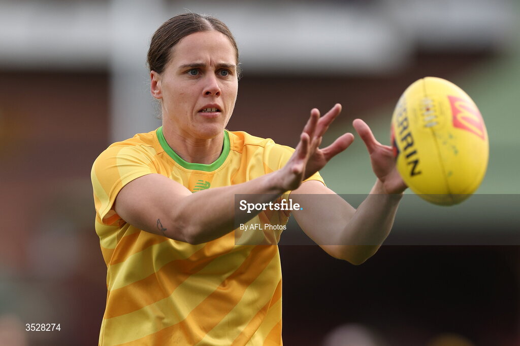 1 August 2026; Jasmine Garner of Austrailia during the warm-up before the AFLW test match between Australia and Ireland at the North Sydney Oval in Sydney, Australia. Photo by Darrian Traynor/Getty Images/AFL Photos via Sportsfile