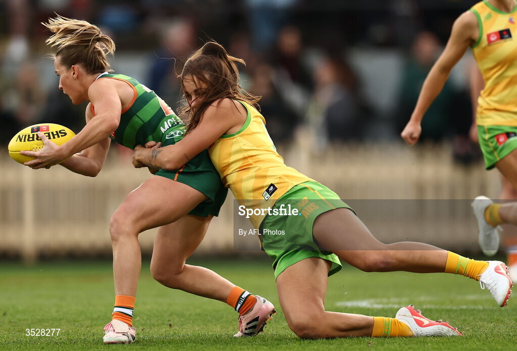 1 August 2026; Niamh McLaughlin of Ireland is tackled by Chloe Molloy of Australia during the AFLW test match between Australia and Ireland at the North Sydney Oval in Sydney, Australia. Photo by Darrian Traynor/Getty Images/AFL Photos via Sportsfile