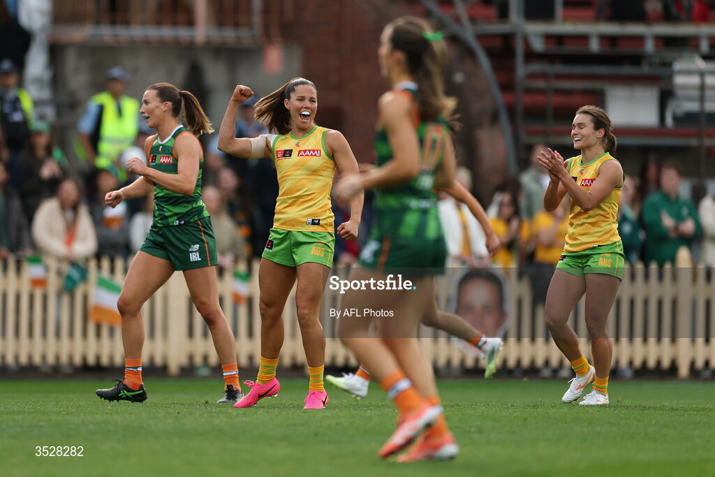 1 August 2026; Kate Hore of Australia celebrates a goal during the AFLW test match between Australia and Ireland at the North Sydney Oval in Sydney, Australia. Photo by Darrian Traynor/Getty Images/AFL Photos via Sportsfile