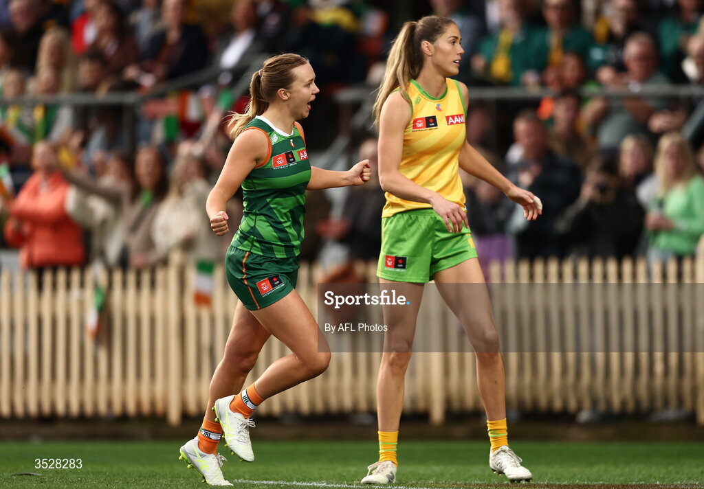 1 August 2026; Neasa Dooley of Ireland celebrates a goal during the AFLW test match between Australia and Ireland at the North Sydney Oval in Sydney, Australia. Photo by James Wiltshire/AFL Photos via Sportsfile
