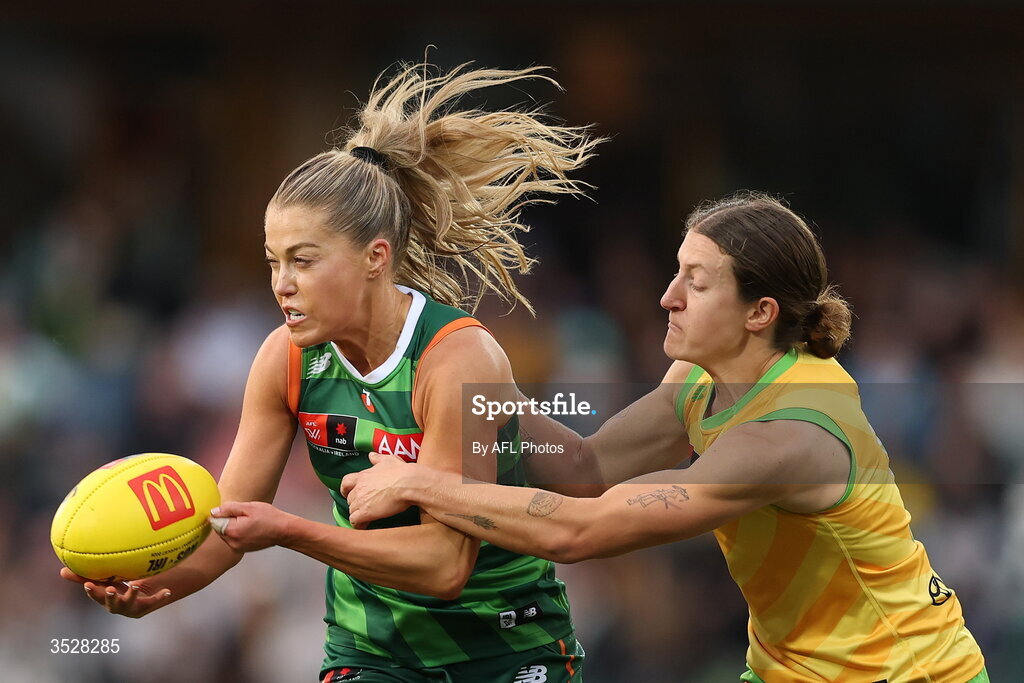 1 August 2026; Sarah Rowe of Ireland is tackled by Tyanna Smith of Australia during the AFLW test match between Australia and Ireland at the North Sydney Oval in Sydney, Australia. Photo by Darrian Traynor/Getty Images/AFL Photos via Sportsfile