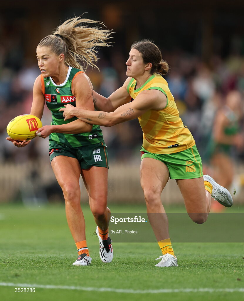 1 August 2026; Sarah Rowe of Ireland is tackled by Tyanna Smith of Australia during the AFLW test match between Australia and Ireland at the North Sydney Oval in Sydney, Australia. Photo by Darrian Traynor/Getty Images/AFL Photos via Sportsfile