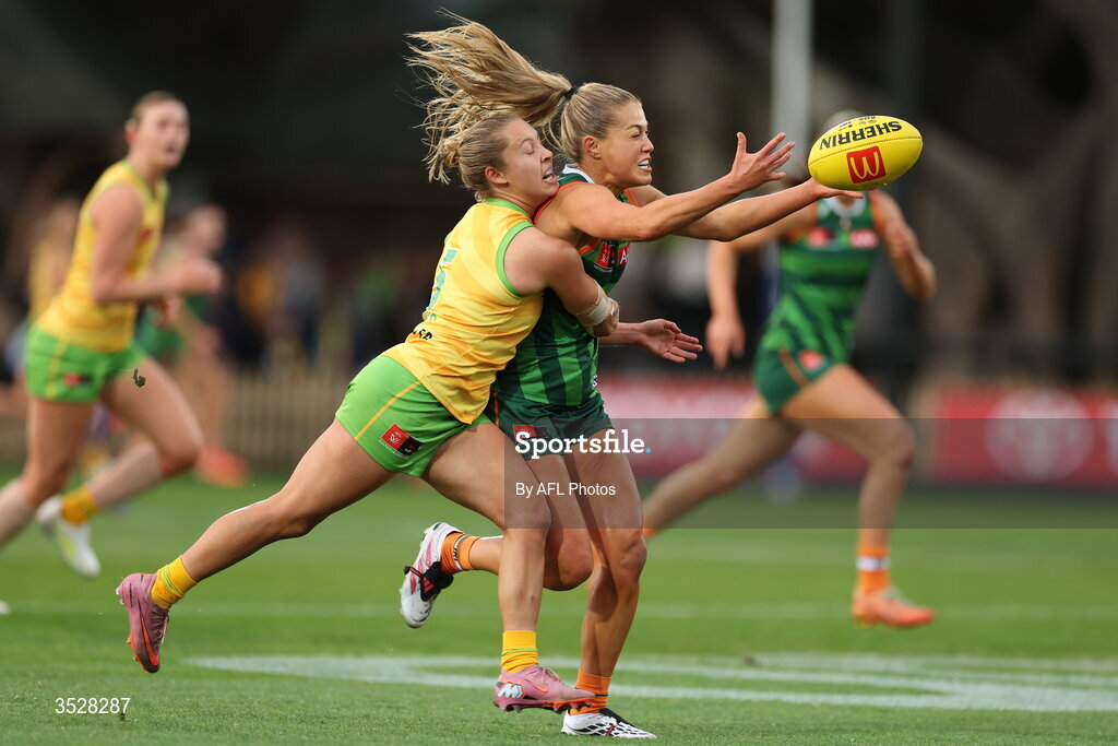 1 August 2026; Sarah Rowe of Ireland is tackled by Tyla Hanks of Australia during the AFLW test match between Australia and Ireland at the North Sydney Oval in Sydney, Australia. Photo by Darrian Traynor/Getty Images/AFL Photos via Sportsfile
