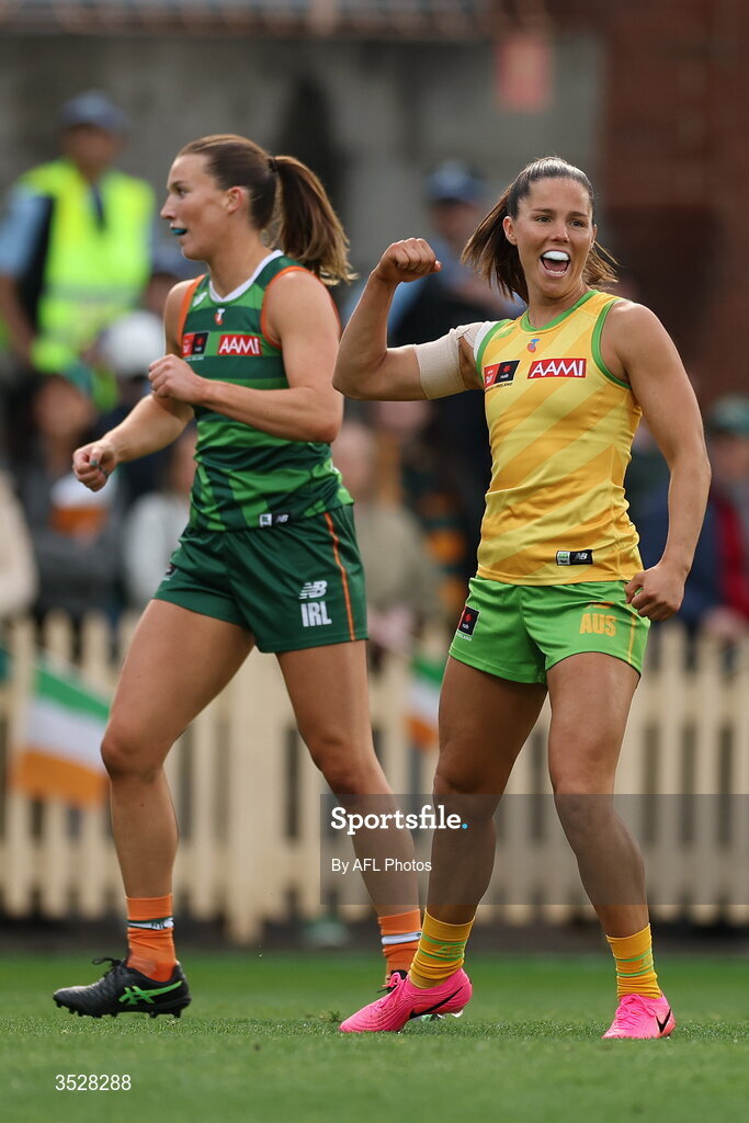 1 August 2026; Kate Hore of Australia celebrates a goal during the AFLW test match between Australia and Ireland at the North Sydney Oval in Sydney, Australia. Photo by Darrian Traynor/Getty Images/AFL Photos via Sportsfile